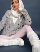bisou's project Cardigan Gri deschis cu lână cu croială clasică cu broderie decorativă și paiete Isselia
