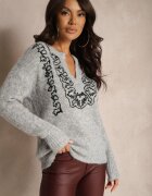 bisou's project Cardigan Gri închis cu adaos de lână cu nasturi cu fundițe și zirconii Izarlitia