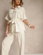 bisou's project Compleu Bej închis din in și viscoză Pantaloni largi și Cămașă cu curea Galanitia