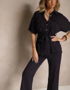 bisou's project Compleu Bleumarin din In și Viscoză cu Pantaloni Largi și Cămașă cu Curea Galanitia