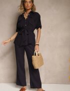 bisou's project Compleu Bleumarin din In și Viscoză cu Pantaloni Largi și Cămașă cu Curea Galanitia