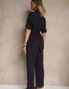 bisou's project Compleu Bleumarin din In și Viscoză cu Pantaloni Largi și Cămașă cu Curea Galanitia