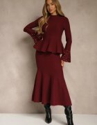 bisou's project Compleu Grena din tricot cu vâscoză Fustă și Pulover cu bască și zirconii Nereza