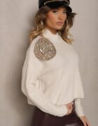 bisou's project Maletă Bej deschis cu Lână cu Croială Oversize cu Floare 3D și Paiete Zolimi