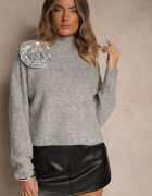 bisou's project Maletă gri deschis din lână croială oversize cu floare 3D și paiete Zolimi