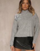 bisou's project Maletă gri deschis din lână croială oversize cu floare 3D și paiete Zolimi