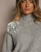 bisou's project Maletă gri deschis din lână croială oversize cu floare 3D și paiete Zolimi