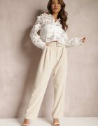bisou's project Pantaloni Bej cu Talie Înaltă în Stil Costum cu Curele și Catarame Daklena