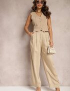 bisou's project Pantaloni Bej Largi Talie înaltă cu Buzunare Keanne
