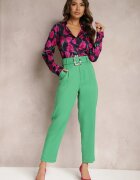 bisou's project Pantaloni țigaretă Verzi cu Talie Înaltă și Curea din Material cu Zirconii Marintta
