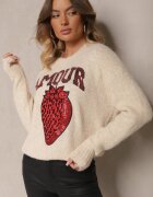 bisou's project Pulover bej deschis cu adaos de lână decorat cu aplicație căpșună și inscripția Zozizelle