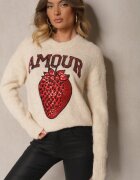 bisou's project Pulover bej deschis cu adaos de lână decorat cu aplicație căpșună și inscripția Zozizelle