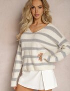 bisou's project Pulover Gri cu decolteu în V ornat cu dungi strălucitoare Keiria