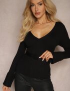 bisou's project Pulover Negru Reiat din viscoză Decorat cu aplicație florală și curea Clevina