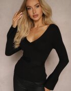 bisou's project Pulover Negru Reiat din viscoză Decorat cu aplicație florală și curea Clevina