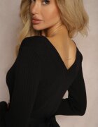 bisou's project Pulover Negru Reiat din viscoză Decorat cu aplicație florală și curea Clevina