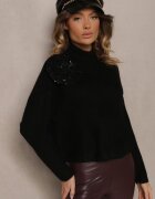 bisou's project Pulover pe gât Negru cu Lână Croi Oversize cu Floare 3D și Paiete Zolimi