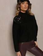 bisou's project Pulover pe gât Negru cu Lână Croi Oversize cu Floare 3D și Paiete Zolimi