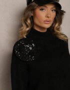 bisou's project Pulover pe gât Negru cu Lână Croi Oversize cu Floare 3D și Paiete Zolimi