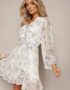 bisou's project Rochie Alb-Albastru Cloș cu Volane și Curea din Material în Talie Viorena