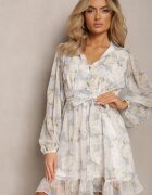 bisou's project Rochie Alb-Albastru Cloș cu Volane și Curea din Material în Talie Viorena