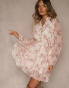 bisou's project Rochie Alb-Roz Evazată cu Volane și Cordon din Material în Talie Viorena
