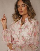 bisou's project Rochie Alb-Roz Evazată cu Volane și Cordon din Material în Talie Viorena