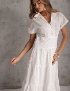 bisou's project Rochie Albă Ajurată din Bumbac cu Mânecă Scurtă și Nasturi Obitha