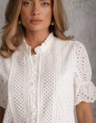 bisou's project Rochie Albă Boho din Bumbac Decorată cu Model Ajurat și Volane și Legată cu un Cordon Nelah