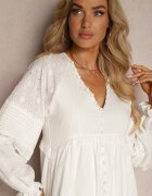 bisou's project Rochie Albă Brodată în Stil Boho din Bumbac Decorată cu nasturi Elali