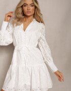 bisou's project Rochie Albă De bumbac Evazată cu Cureaua în Talie și cu Mâneci Perforate Lurionna