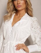 bisou's project Rochie Albă De bumbac Evazată cu Cureaua în Talie și cu Mâneci Perforate Lurionna