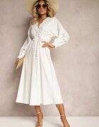bisou's project Rochie Albă din Bumbac cu Elastic în Talie și Inserții din Dantelă cu Curea din Material Larila