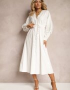 bisou's project Rochie Albă din Bumbac cu Elastic în Talie și Inserții din Dantelă cu Curea din Material Larila