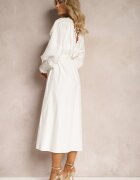 bisou's project Rochie Albă din Bumbac cu Elastic în Talie și Inserții din Dantelă cu Curea din Material Larila