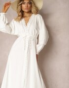 bisou's project Rochie Albă din Bumbac cu Elastic în Talie și Inserții din Dantelă cu Curea din Material Larila