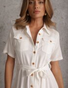 bisou's project Rochie Albă din Vâscoză cu In Nasturi Mânecă Scurtă și Curea din Material Gracilla