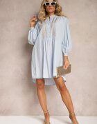 bisou's project Rochie Albastră Brodată Midi cu Croială Dreaptă cu Mânecă Lungă Rosen