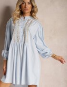 bisou's project Rochie Albastră Brodată Midi cu Croială Dreaptă cu Mânecă Lungă Rosen