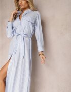 bisou's project Rochie Albastră cu Dungi Stil Cămașă cu Curea și Mânecă Lungă Desperse