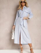 bisou's project Rochie Albastră cu Dungi Stil Cămașă cu Curea și Mânecă Lungă Desperse