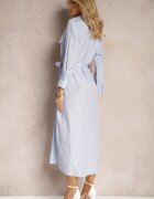 bisou's project Rochie Albastră cu Dungi Stil Cămașă cu Curea și Mânecă Lungă Desperse