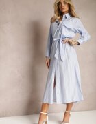 bisou's project Rochie Albastră cu Dungi Stil Cămașă cu Curea și Mânecă Lungă Desperse