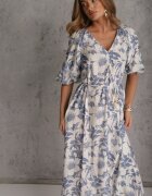 bisou's project Rochie Albastru-Alb din viscoză legată în talie cu mâneci decorative Nanea