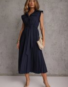 bisou's project Rochie Albastru marin Plisată din Bumbac Decorată cu curea Lirabelle