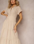 bisou's project Rochie Bej Ajurată din Bumbac cu Mânecă Scurtă și Nasturi Obitha