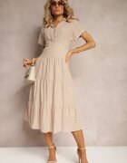 bisou's project Rochie Bej Ajurată din Bumbac cu Mânecă Scurtă și Nasturi Obitha