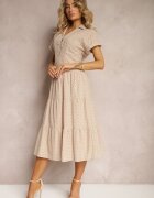 bisou's project Rochie Bej Ajurată din Bumbac cu Mânecă Scurtă și Nasturi Obitha