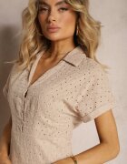 bisou's project Rochie Bej Ajurată din Bumbac cu Mânecă Scurtă și Nasturi Obitha