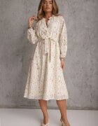 bisou's project Rochie Bej cu Croială Cloș cu Cordon din Material și cu Imprimeu Floral Dimtina
